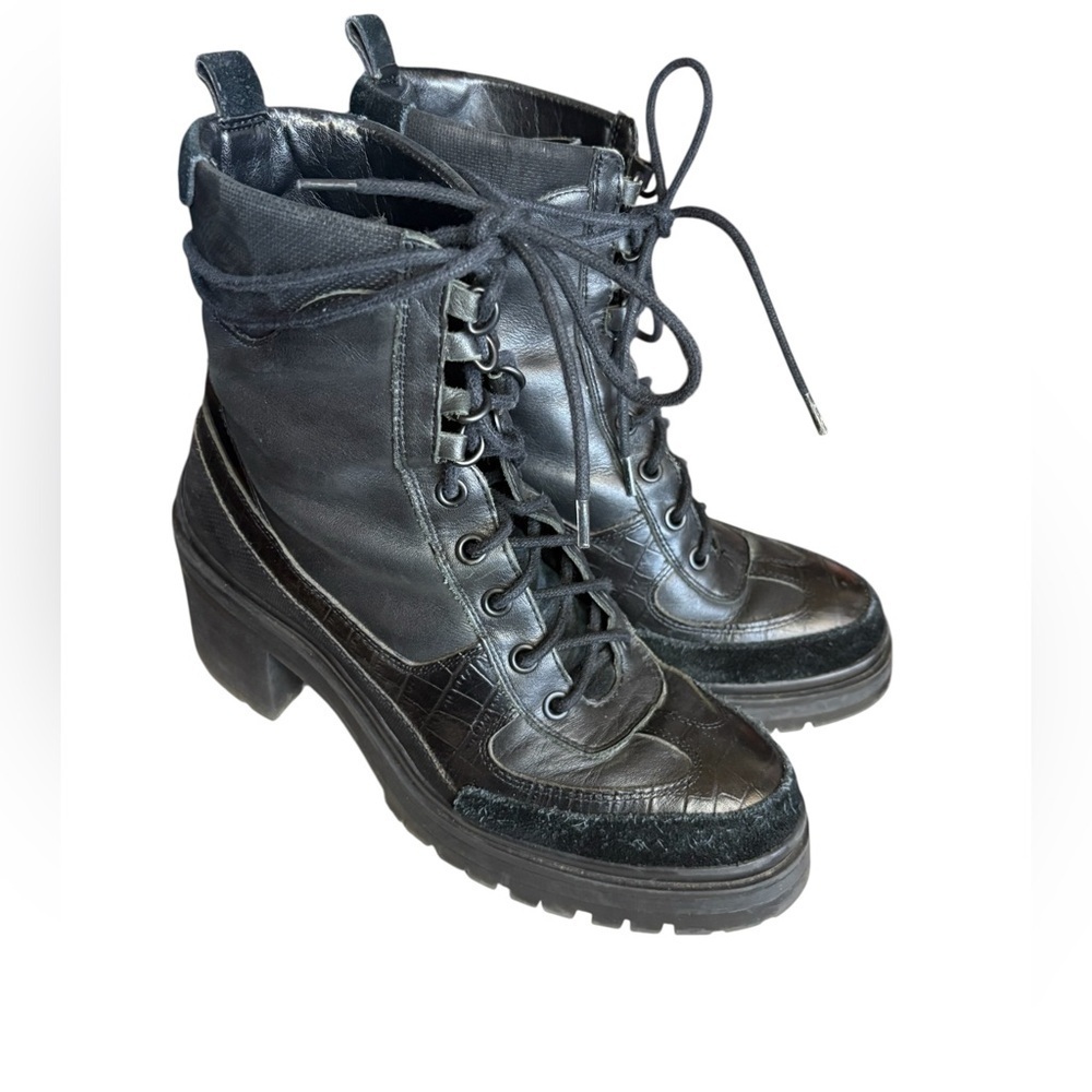 Gianni Bini women’s black leather moto lace up combat ankle boots sz 8M